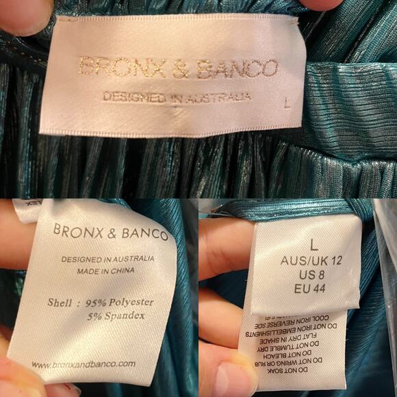 BRONX AND BANCO Romi Metallic Gown Plunge Neckline Dress Teal Turquoise Large 8 - Picture 7 of 13